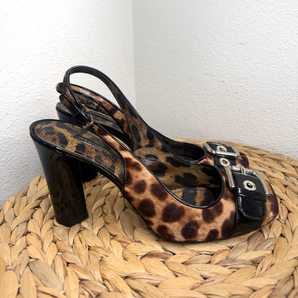 Dolce & Gabbana Heels Leopard Pony Hair Slingback Peep Toe Heeled Pumps Shoes